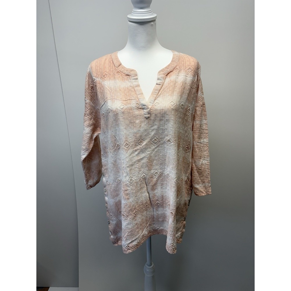 J Jill Large Beige Tie Dye Long Sleeve Eyelet Shirt - Picture 1 of 8